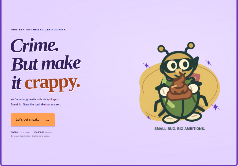 Turd Burglar’s masked green beetle and purple cartoon title screen.